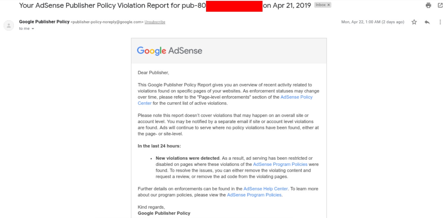 Pesan lengkap dari Google Publisher Policy